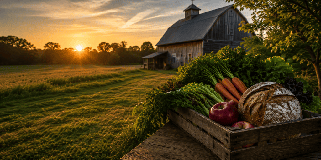 Photo showing a barn in the sunset. The image has a text overlay saying "Farms we trust" and a "Learn More..." button